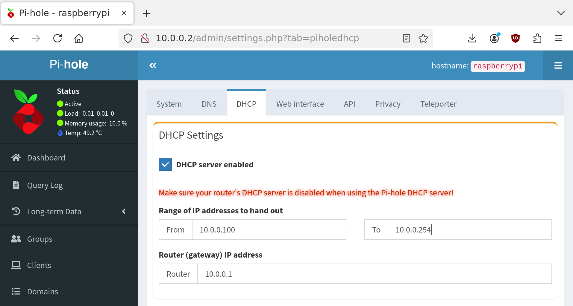 Picture of the Pi-hole DHCP Settings