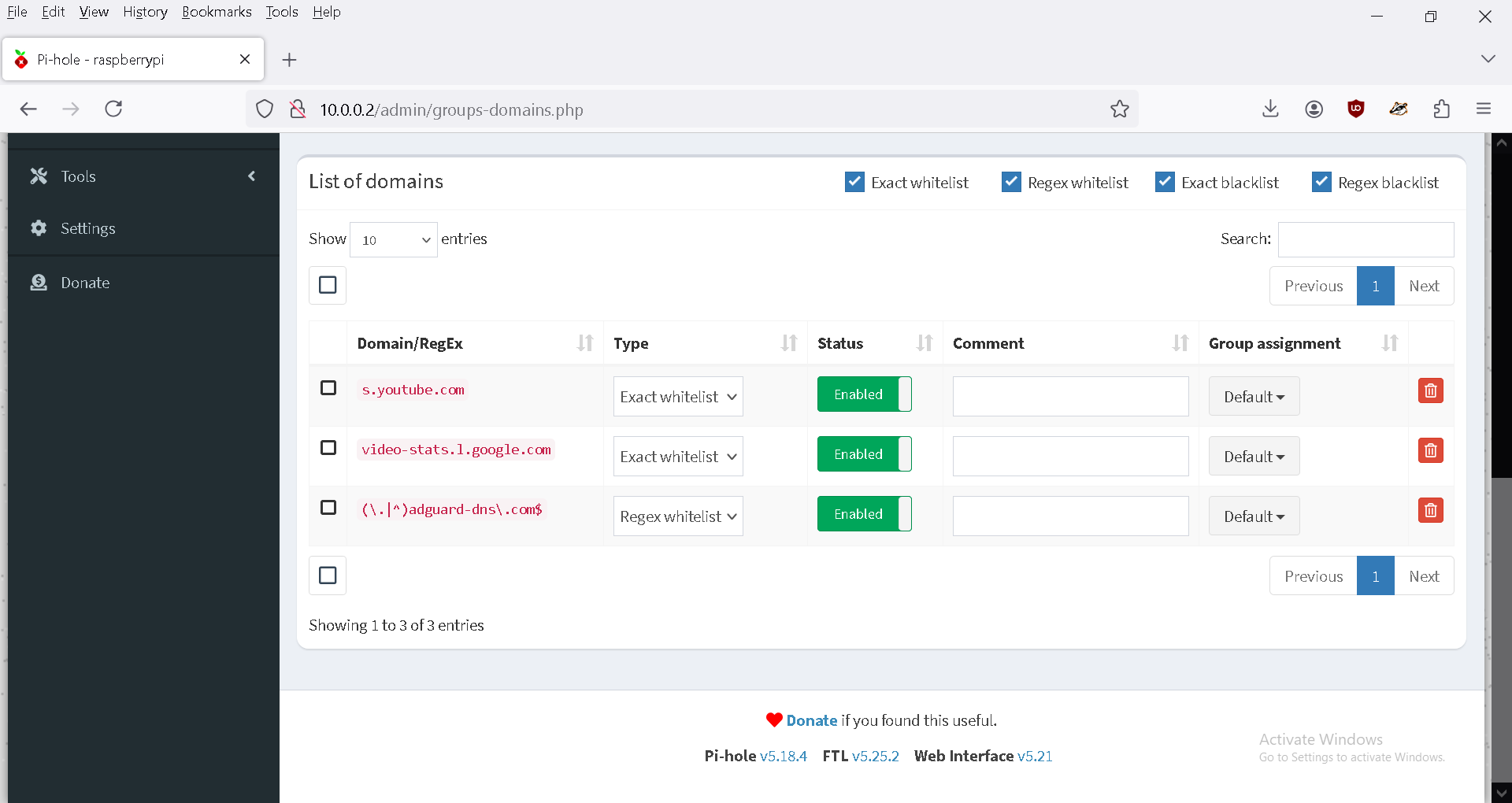 Picture of the Pi-hole Domain Settings Page